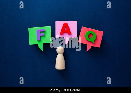 Wooden person questioning frequently asked questions (faq) speech bubbles Stock Photo