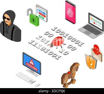 Hacker activity isometric concept. Hacking and phishing. Hacker steals password, credit card and email. Internet Security vector with flat isometric s Stock Vector