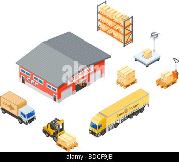 Warehouse, storage, logistics and delivery isometric infographics with storehouse, scales, truck, forklift. Vector illustration Stock Vector