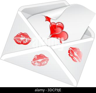 Letter Happy Valentine's Day, with prints of lips and hearts with arrow, vector isolated on white background Stock Vector