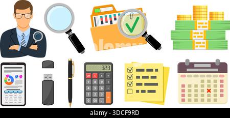 Auditing, Business Accounting Concept. Auditor Holds Magnifying Glass in Hand. Flat Style Icons Folder with checked up Financial Reports, Calculator a Stock Vector