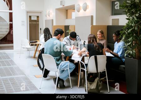 Group of adult students studying together while sitting at table in college campus Stock Photo