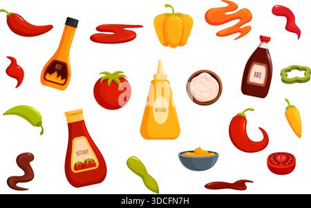 Hot sauces. Mustard, ketchup, bbq and chili sauce in plastic bottles. Peppers and mayonnaise in bowl top view, soy, tomato drops, sapid vector clipart Stock Vector