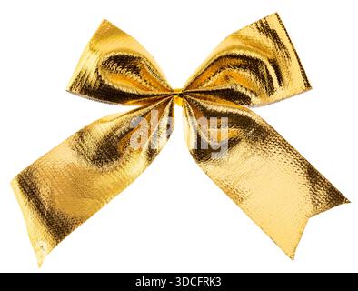 Golden metallic ribbon bow with reflective texture isolated on white background Stock Photo