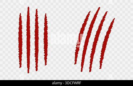 Red beast claw marks vector. Monster scratches and animal attack traces on checkered background Stock Vector