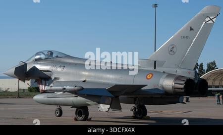 Moron, Spain - 12 May 23: A military jet aircraft parked on an airfield, showcasing its sleek design and modern features. The jet is painted in a gray Stock Photo