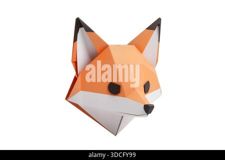 3d rendering of a low poly fox head featuring geometric shapes in a papercraft style, isolated on a white background. Stock Photo