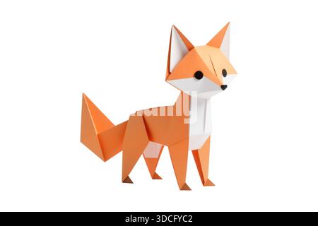 3d rendering of a full body low poly fox standing with an origami paper style design, isolated on a white background. Stock Photo