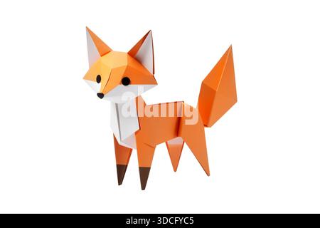 3d rendering of a full body low poly fox standing with an origami paper style design, isolated on a white background. Stock Photo