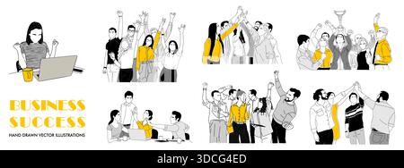 Set of business scene celebrating success teamwork Stock Vector