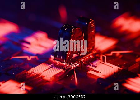 Modern AI chip with hot tubes with blue and red light, creative idea. Artificial intelligence, concept. Technology and silicon circuit boards. Quantum Stock Photo