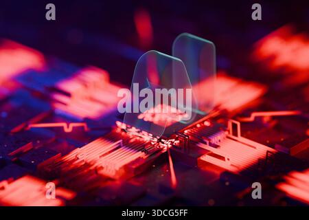 AI processor with motherboard, concept. Artificial intelligence, creative idea. Quantum computer. Printed Circuit Board with Advanced Processing Unit. Stock Photo