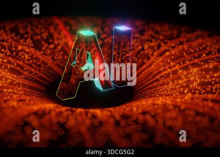 Futuristic glowing neon AI letters surrounded by digital light trails, representing artificial intelligence, innovation, data technology, and the powe Stock Photo
