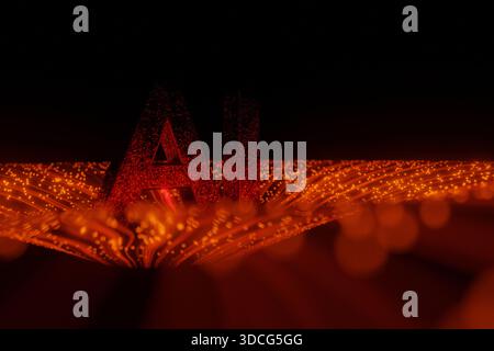 3D illustration of glowing red letters “AI” surrounded by dynamic digital light lines, symbolizing artificial intelligence, technology, innovation, an Stock Photo