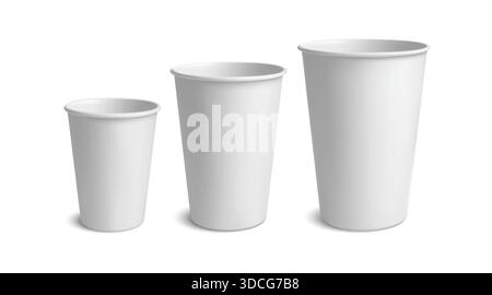 3D disposable paper cups for takeaway coffee and tea, clean white template for cafe branding or fast food packaging mockup. Realistic vector set for label design or menu advertising. Stock Vector