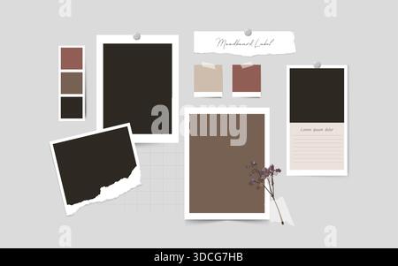 Moodboard mockup with torn paper frames and push pin for branding identity and aesthetic presentation. Neutral collage vector template with botanical swatches and taped notes for scrapbook layout. Stock Vector