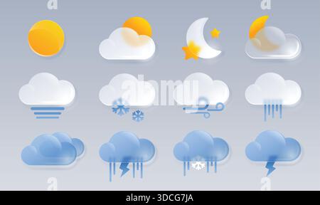 Glass weather icons with glassy sun, clouds and crescent for forecast app UI, climate widget minimal meteorology design in glossy neumorphism style. Temperature, rain and wind translucent vector set Stock Vector