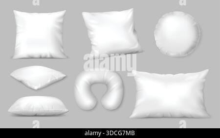 Realistic pillow mockup with fluffy cotton and linen texture for bedding product, home decor and interior. Vector 3D set of square and round cushions for sleep. Stock Vector