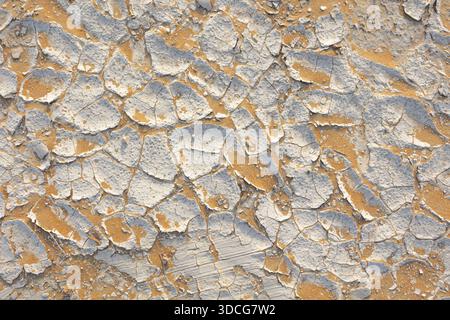 View of parched, cracked earth showing a stark contrast between the dry, pale surface and the warm, sandy soil beneath, Bateen Liwa, Abu Dhabi, United Stock Photo
