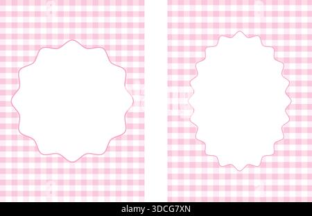 Two vertical pink gingham frames: a scalloped circular frame and a scalloped oval frame, both with space for text or photo. Stock Vector