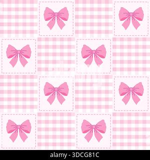 Seamless vector patchwork pattern with pink bows in square white patches and alternating pink gingham checkered squares. Stock Vector