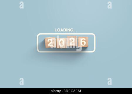 2026 New Year Loading. Loading bar with wooden blocks 2026 on blue background. Start new year 2026 with goal concept, action plan, strategy, new year Stock Photo