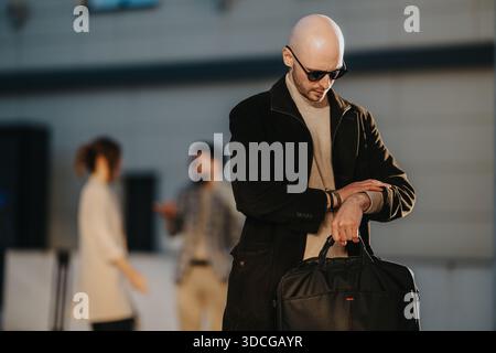 Professional man in a black jacket checks his watch while carrying a bag in an urban setting Stock Photo