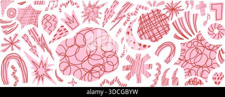 Girly coquette collage scrap cutouts background. Geometric and organic whimsical scribble figures set. Music note, stars, arrows, heart doodle sticker Stock Vector