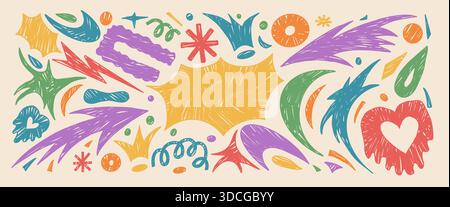 Bang text box and crayon abstract geometric shapes background. Geometry, organic funky abstract hand drawn doodle figures. Collage sticker with stars, Stock Vector