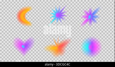 Transparent gradient blur butterfly, flower shapes. Aura soft blurry effect and Y2K aesthetic figures. Abstract geometric elements with mesh transitio Stock Vector