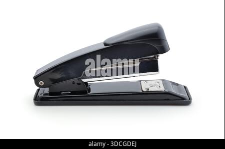 New black metal stationery stapler isolated on white. Stock Photo