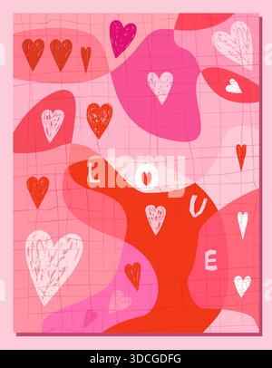 Modern vector organic geometric shapes pink and red greeting card, poster with hearts and hand written text love, creative Valentine's Day design Stock Vector