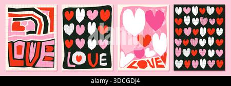 Set of modern vector love greeting cards with cut out collage style hearts geometric shapes for Valentine's Day designs, social media, banners and pos Stock Vector