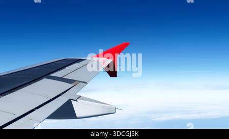 View of an airplane winglet during flight and incoming airplane in the ...