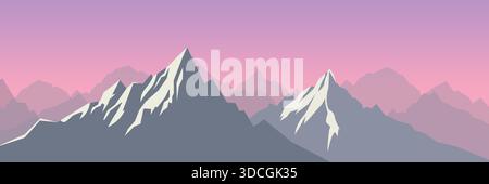 Minimalist Mountain Landscape Banner Design Snow Peaks Pink Purple Sky Abstract Vector. Stock Vector