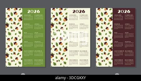 Set Vertical Calendar 2026 Template Autumn Acorn Theme Colors. Stock Vector