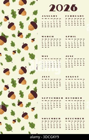 Vertical Calendar 2026 Year Planner Autumn Acorn Leaf Pattern. Stock Vector