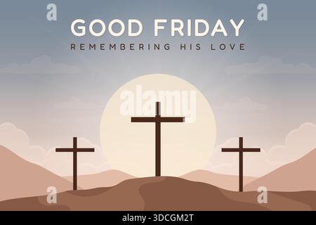Good Friday Christian background with three crosses on Calvary hill at sunset. Stock Vector