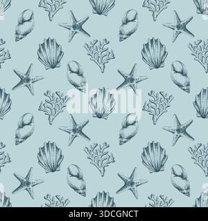 Seamless hand-drawn pattern with seashells, corals, and starfish. Ocean life background. Underwater sketch for textile, fabric, wrap, summer design Stock Vector
