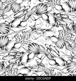 Hand drawn seamless pattern of underwater life with various decorative shell, coral, and seaweed elements. Ocean background for textile or wallpaper Stock Vector