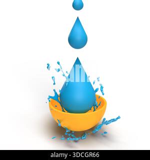 Bowl and water drops on white background. splashing water, water drops and orange bowl Stock Photo