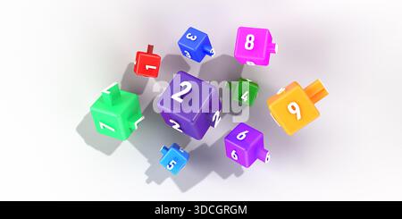 d render numbers 1-9. numbers on 3d cubes. 3d render colorful cubes and 3d numbers stock photo Stock Photo