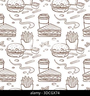 A seamless pattern featuring a burger, club sandwich, fries, sauce, and coffee, executed in a vector outline style. Stock Vector