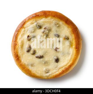 Bun with cottage cheese and raisins isolated on white background, top view. Homemade cheesecakes. Gluten free pastries. Traditional eastern europe swe Stock Photo