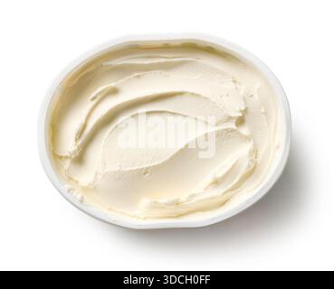 fresh cream cheese in plastic container isolated on white background, top view Stock Photo