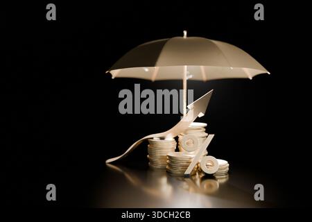 Golden coins stacked under an umbrella with an arrow and percent symbol. Concept of financial growth, investment protection, interest rates, and econo Stock Photo