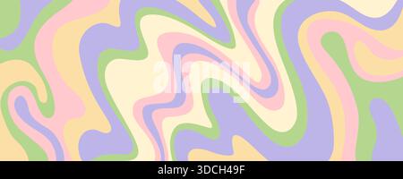 Groovy liquid pattern with pastel pink, yellow, green, and purple waves in abstract psychedelic style. Groovy psychedelic background with soft flowing Stock Vector