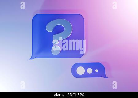 Ask concept. Question mark on paper speech bubble, top view. Technical support messages with glass icons with blue and pink lights. Prints a message. Stock Photo