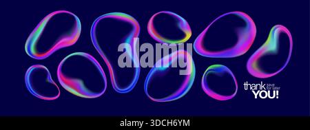 Abstract fluid shapes with transparent gradient textures. Colorful glass spheres and soap bubbles create dreamy crystal effects featuring purple, pink Stock Vector
