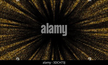 Golden halftone rays burst from center, creating luminous starburst pattern with glitter dots and radiant glow on elegant luxury background with Stock Vector